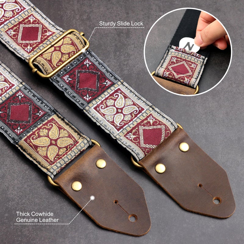 Nefelibata Guitar Strap,Crazy Horse Leather Jacquard Embroidery Cotton Guitar Straps for Bass, Electric & Acoustic, Best Gifts for Guitarists(Bohemian Red Square) - Image 3