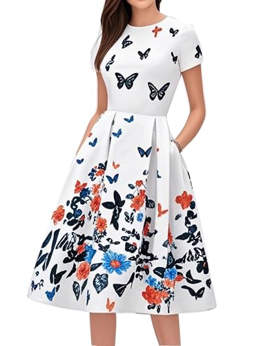 oxiuly Women's Casual Swing Dress with Pockets Elegant Work Party Vintage Dress OX165 (White hudie, L) - Image 1