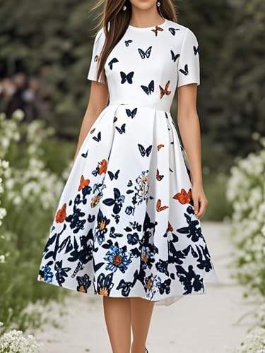 oxiuly Women's Casual Swing Dress with Pockets Elegant Work Party Vintage Dress OX165 (White hudie, L) - Image 3