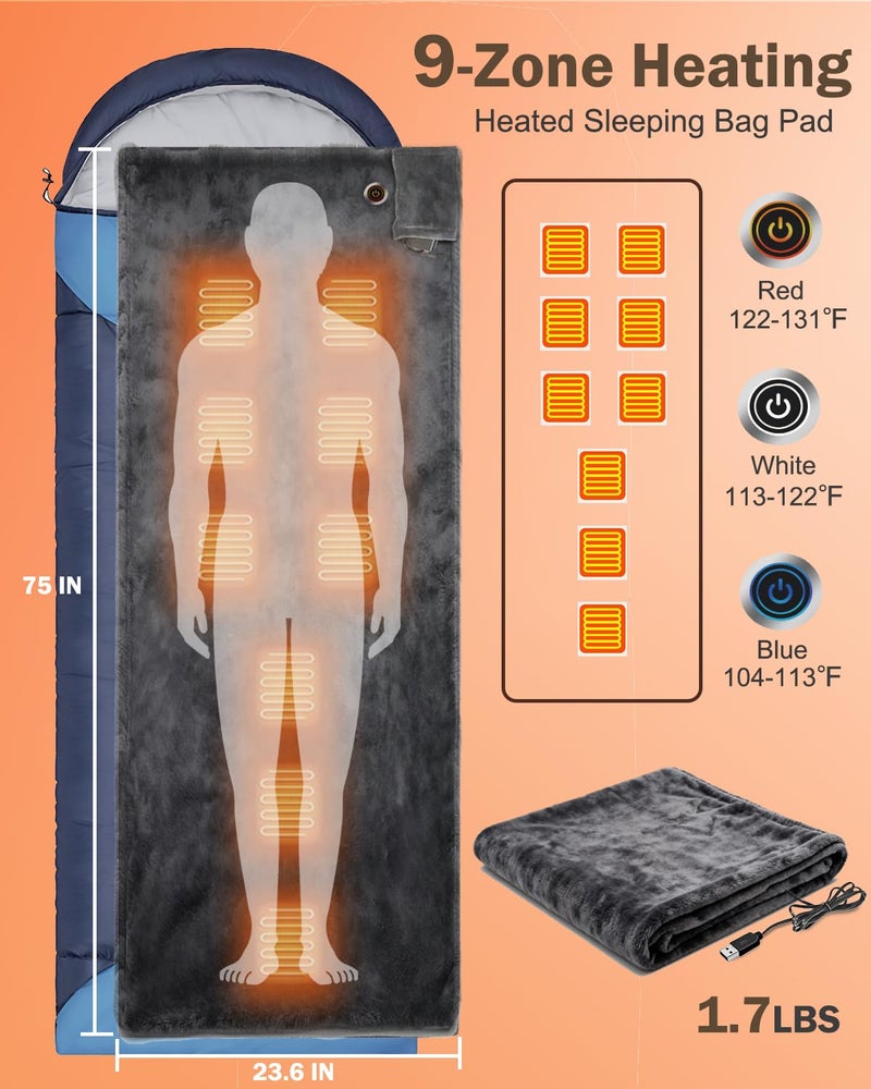 XPLI Heated Sleeping Bag Liner for Camping - Heated Blanket for Camping Portable Heating Sleeping Bag Pad 3 Adjustable Temperature Levels with 9 Heating Zones for Cold Weather Backpacking or Hiking - Image 2