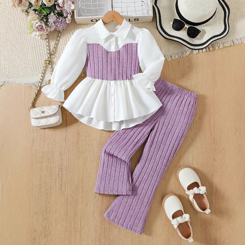 Cross-border Girls suit Pink Knitted Vest Stitching Lace Shirt Woolen Striped Trousers Children Two-piece suit Purple two piece suit