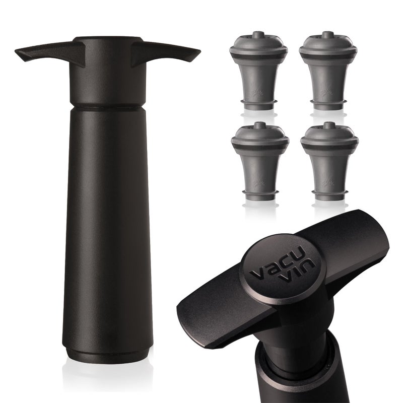 Vacu Vin Wine Saver Pump Black with Vacuum Wine Stopper - Keep Your Wine Fresh for up to 10 Days - 1 Pump 4 Stoppers - Reusable - Made in the Netherlands - Image 1