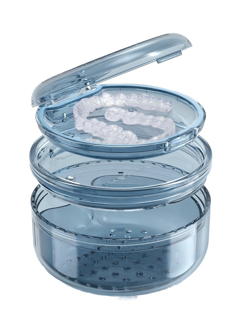 سيوسي حافظة تثبيت، حافظة طقم أسنان شفافة، صندوق حمام كبير لأطقم الأسنان مع سلة مصفاة، حاوية تخزين طقم الأسنان للسفر، حقيبة تنظيف واقي الفم، كوب تنظيف حامل تقويم الأسنان، أزرق - Image 1