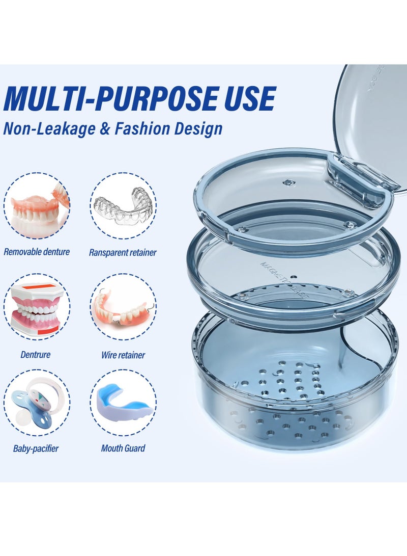 سيوسي حافظة تثبيت، حافظة طقم أسنان شفافة، صندوق حمام كبير لأطقم الأسنان مع سلة مصفاة، حاوية تخزين طقم الأسنان للسفر، حقيبة تنظيف واقي الفم، كوب تنظيف حامل تقويم الأسنان، أزرق - Image 2