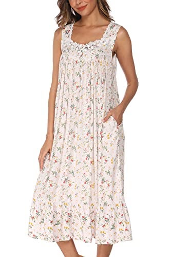 AVIIER Cotton Nightgowns for Women Sleeveless House Dress Ladies Long Nightdress with Pockets (White flowers, Small)… - Image 4