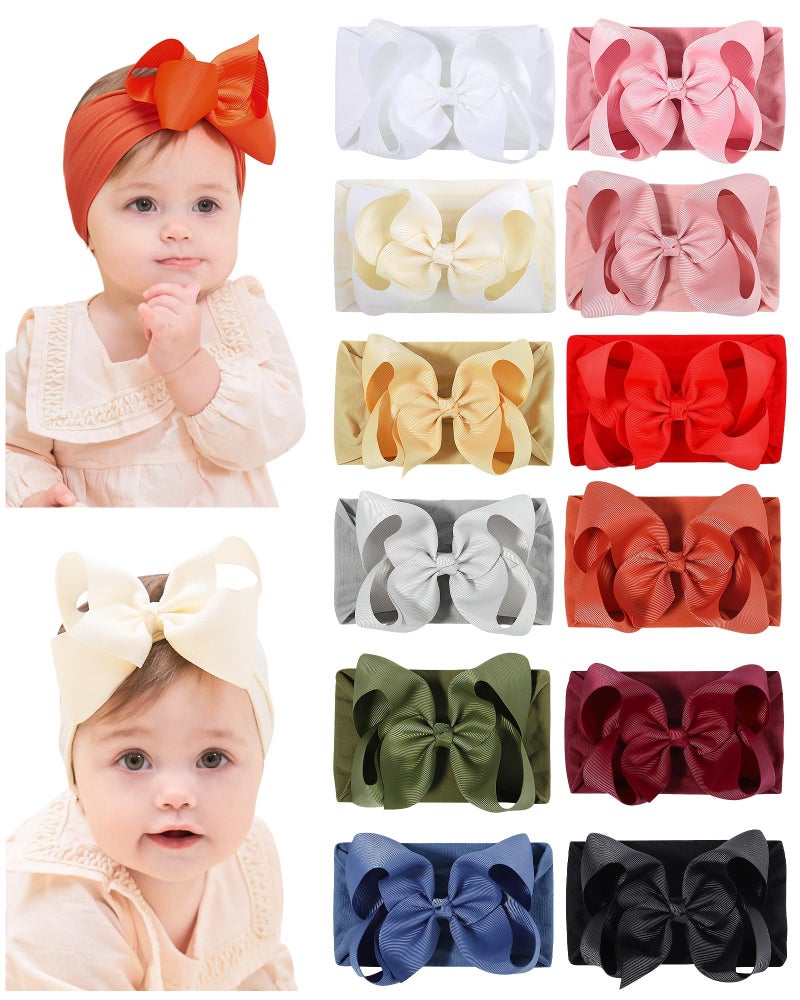 doboi Baby Girl Headband 12pcs Nylon Hair Accessories with Big Ribbon Bows Soft Lightweight Headbands for Baby Girls Infant Newborn Toddler