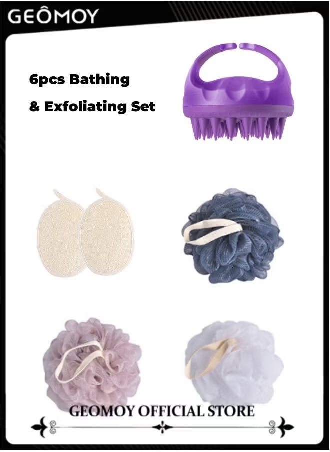 Geomoy 6pcs Bathing and Exfoliating Set 1pc Hair Scalp Massager Shampoo Brush with Soft Silicone Bristles & 2pcs Natural and Eco-friendly Loofah Pads & 3pcs Bath Sponges in Larger Size - Image 1