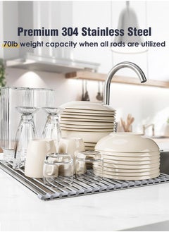 Perfii 2pcs Large Roll Up Dish Drying Rack, Multipurpose Stainless Steel Kitchen Drainer Rack Over Sink  - Image 5