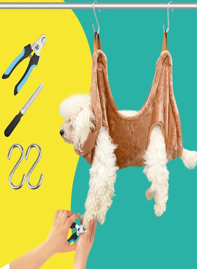 WSCXSC Dog Grooming Kit, Dog Grooming Supplies, Dog Grooming Hammock, Dog Grooming Harness, Dog Nail Clippers, Dog Nail Grinder, Hooks, Dog Hammock Kit for Nail Trimming/Hair Trimming(Coffee, S) - Image 1