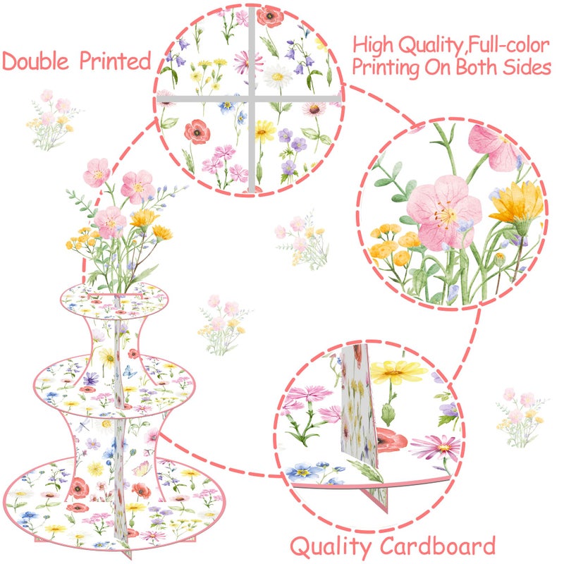 umoni Wildflower Cupcake Stand Spring Wildflower Birthday Party Decorations Wildflower Cupcake Holder 3 Tiers Floral Dessert Towers for Flower Theme Baby Shower Supplies - Image 2