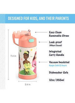 THERMOS THERMOS FUNTAINER Water Bottle with Straw - 12 Ounce - Kids Stainless Steel Vacuum Insulated Water Bottle with Lid, Princesses  - Image 2