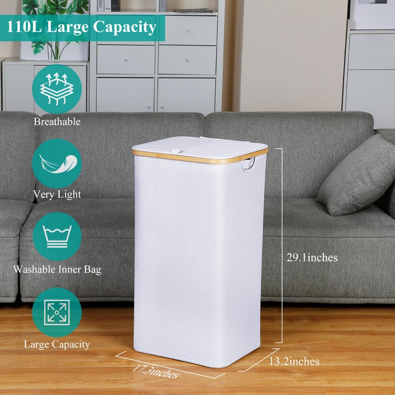 iEGrow 110L Laundry Hamper with Lidï¼ŒDirty Clothes Hampers for Laundry,Laundry Basket with Bamboo Handles and Removable Bag,Hamper for Bedroom, Bathroom, Dorm, Laundry Room, White - Image 3