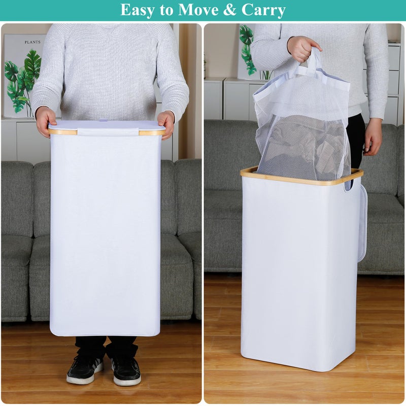 iEGrow 110L Laundry Hamper with Lidï¼ŒDirty Clothes Hampers for Laundry,Laundry Basket with Bamboo Handles and Removable Bag,Hamper for Bedroom, Bathroom, Dorm, Laundry Room, White - Image 2