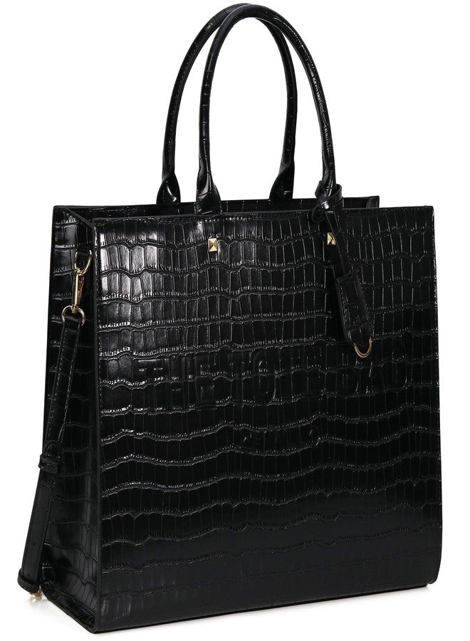 Chinllo Tote Bag for Women Top Handle Stachel Purse and Handbags with Shoulder Strap, Black-crocodile, Medium 14 IN - Image 1