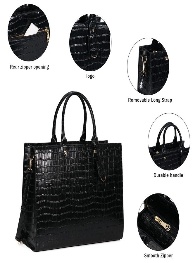 Chinllo Tote Bag for Women Top Handle Stachel Purse and Handbags with Shoulder Strap, Black-crocodile, Medium 14 IN - Image 3