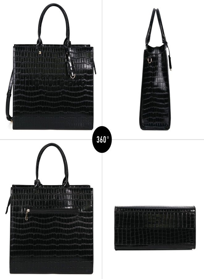 Chinllo Tote Bag for Women Top Handle Stachel Purse and Handbags with Shoulder Strap, Black-crocodile, Medium 14 IN - Image 5