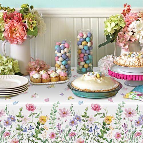 SpinLaLa 3-Piece 54 x 108 Inch Floral Spring Plastic Tablecloth - Colorful Disposable Rectangle Table Cover with Butterfly and Flower Design for Dining, Garden Parties, Baby Showers, and Outdoor Decorations - Image 4