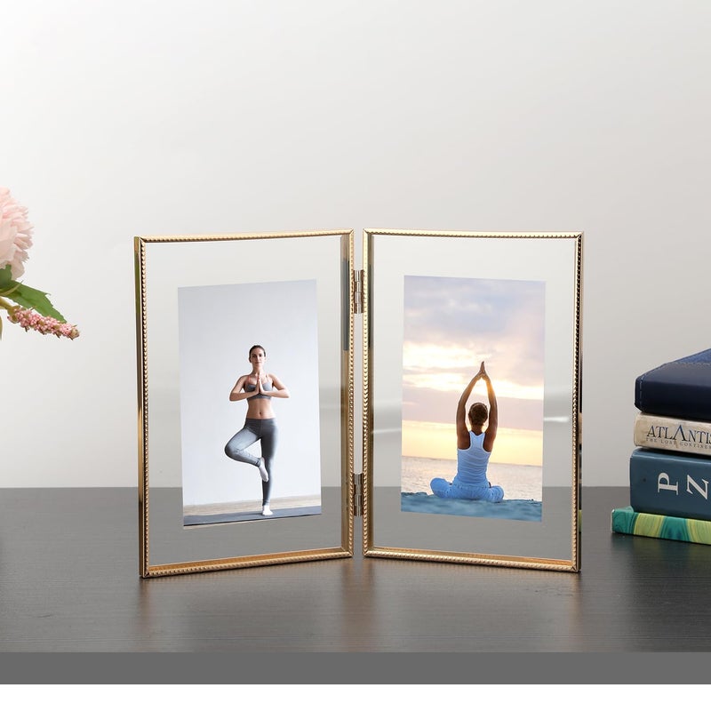 GorYeeFine Gold 5x7''Double Floating Frame,For Photo Sizes(3.5 x5'' & 4x 6''),4X6''Metal Lace Edge Frames Adjustable Tabletop/Shelf Photo Frame,for Wedding,Thanksgiving,Christmas - Image 3