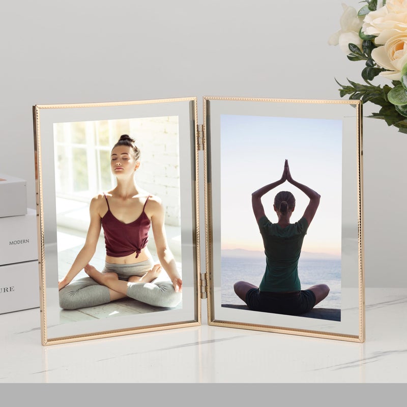 GorYeeFine Gold 5x7''Double Floating Frame,For Photo Sizes(3.5 x5'' & 4x 6''),4X6''Metal Lace Edge Frames Adjustable Tabletop/Shelf Photo Frame,for Wedding,Thanksgiving,Christmas - Image 2