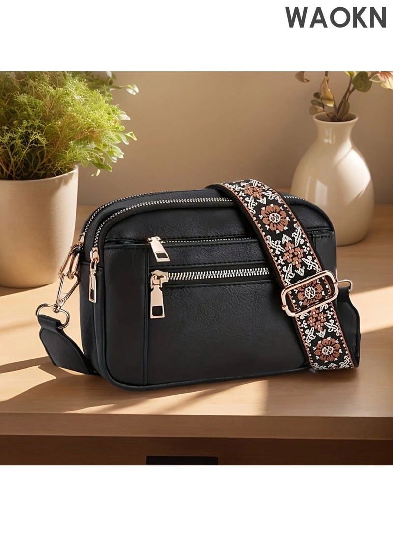 WAOKN Women and men's Shoulder Bag , PU Leather Shoulder Bag , men and Women's Chic Shoulder Bags , Women's Shoulder Bags , Bag with Multiple Pockets and Adjustable Strap for Women and men ,unisex , black . - Image 3