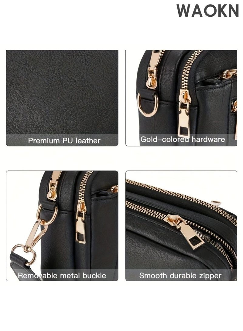 WAOKN Women and men's Shoulder Bag , PU Leather Shoulder Bag , men and Women's Chic Shoulder Bags , Women's Shoulder Bags , Bag with Multiple Pockets and Adjustable Strap for Women and men ,unisex , black . - Image 4