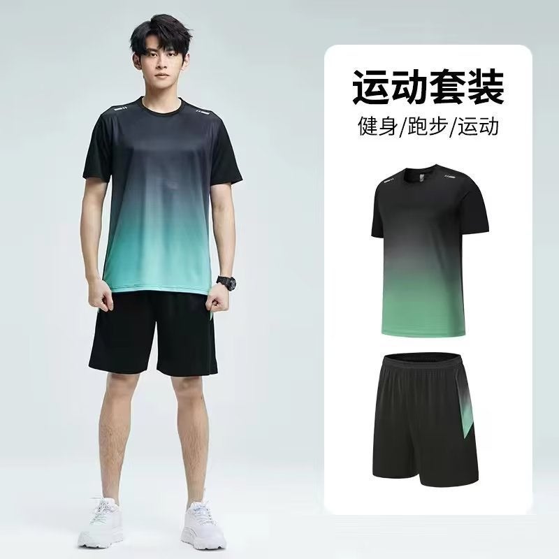 Summer Sports Short Sleeve Mens Leisure Outdoor Fitness Training suit Mens Running Quick Dry Shorts Wholesale Yoga Women Black green  - Image 1