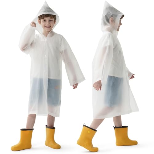 Opret 2 Pack White Raincoats for Kids, Reusable Rain Ponchos with Hood and Sleeves Children Waterproof Rain Coats for Boys and Girls - Image 1