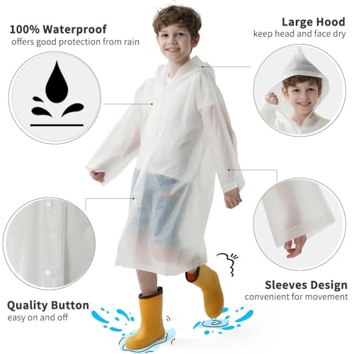 Opret 2 Pack White Raincoats for Kids, Reusable Rain Ponchos with Hood and Sleeves Children Waterproof Rain Coats for Boys and Girls - Image 5