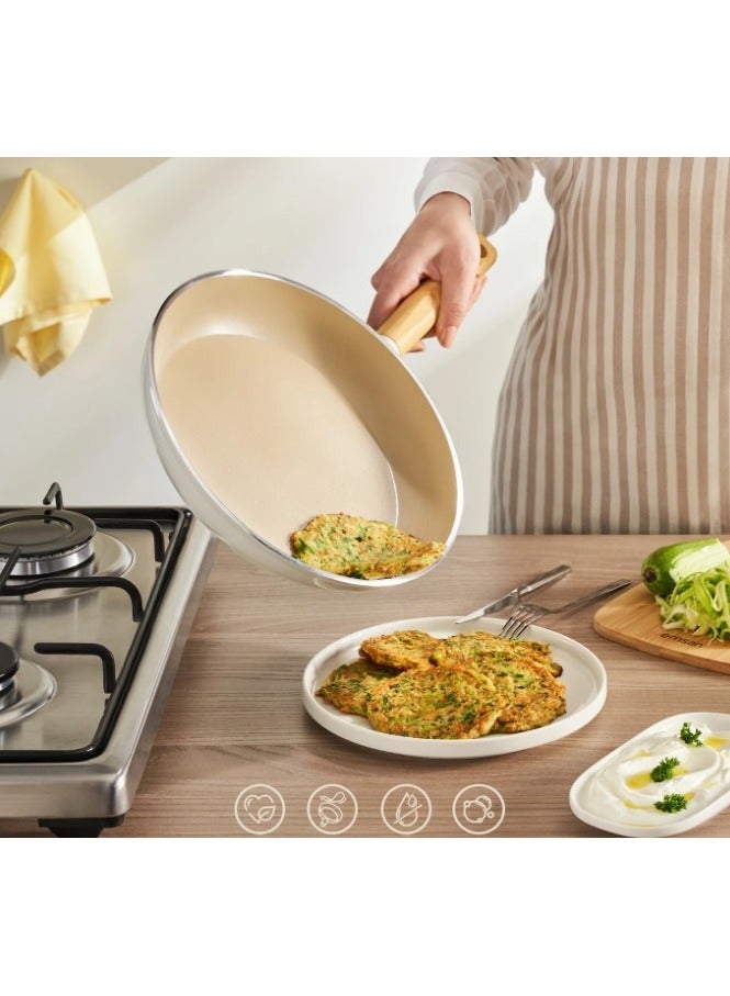Homemaker Swiss Crystal Ceramic Coating Frypan – 32 cm – Non-Stick Surface with Natural Wood Handle – High-Quality, PFAS-Free – Beige  - Image 1