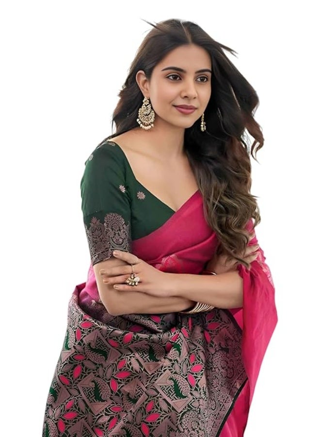 Yashika Women’s Woven Banarasi Art Silk Floral Saree with Decorative Border and Pallu, Traditional Ethnic Wear|Pink - Image 1