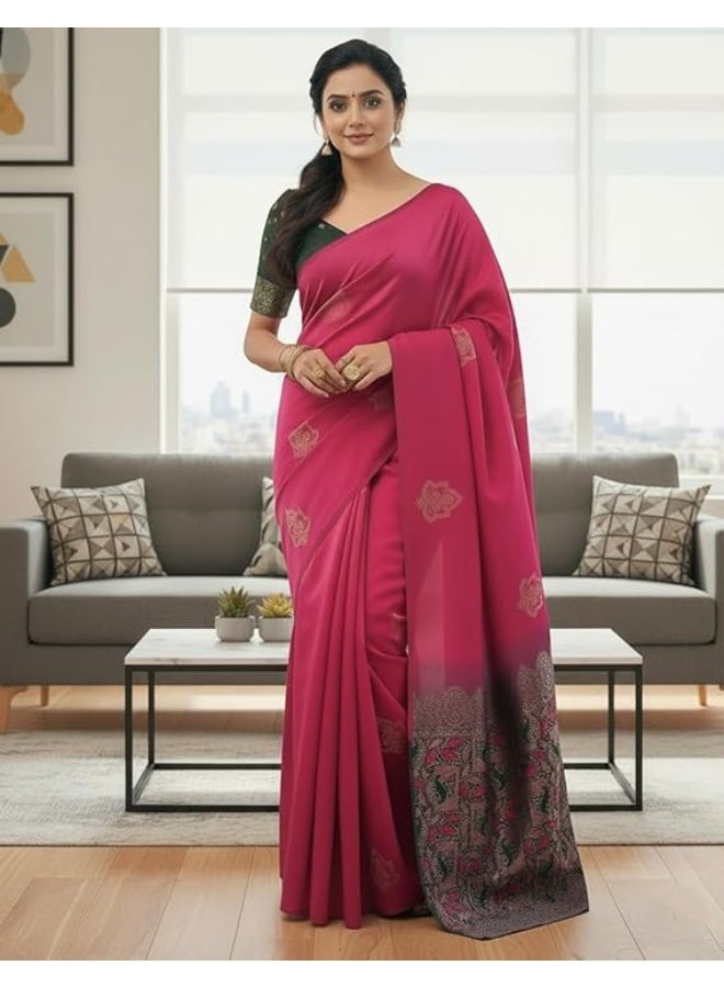 Yashika Women’s Woven Banarasi Art Silk Floral Saree with Decorative Border and Pallu, Traditional Ethnic Wear|Pink - Image 3