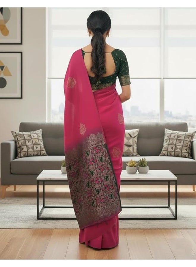 Yashika Women’s Woven Banarasi Art Silk Floral Saree with Decorative Border and Pallu, Traditional Ethnic Wear|Pink - Image 2