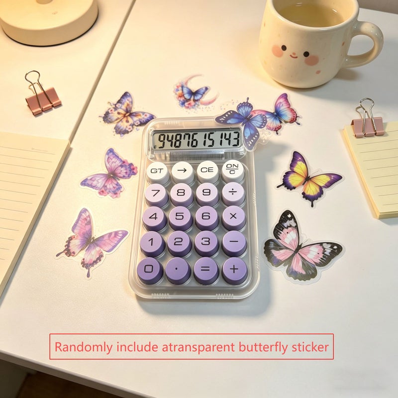 Pink Transparent Case Macaron Colored Calculator With Random Transparent Butterfly Stickers Large Key Silent Design For Office Study Homework Exam Finance Large Screen Clear Readable Portable Electronic Calculator - Image 2