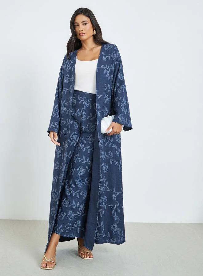 Styli Navy Blue Floral Kimono and Pants Co-ords