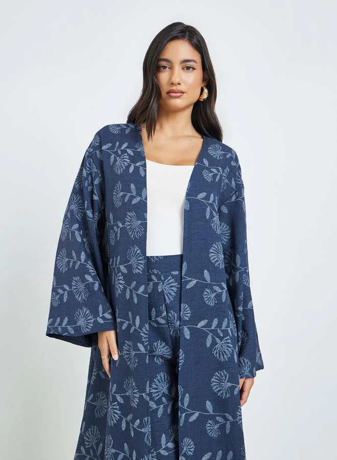 Styli Navy Blue Floral Kimono and Pants Co-ords