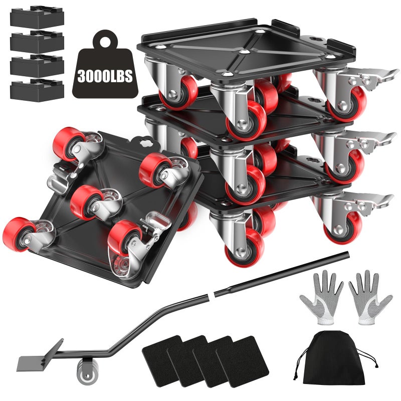 LOYAL TIGER Heavy Duty 3000LBS Furniture Dolly & Movers with 5 Wheels & Brake - 360Â° Rotating Moving Dolly for Furniture, Piano, Appliances - 6.3 Inch Non-Slip Sliders, Red - Image 1