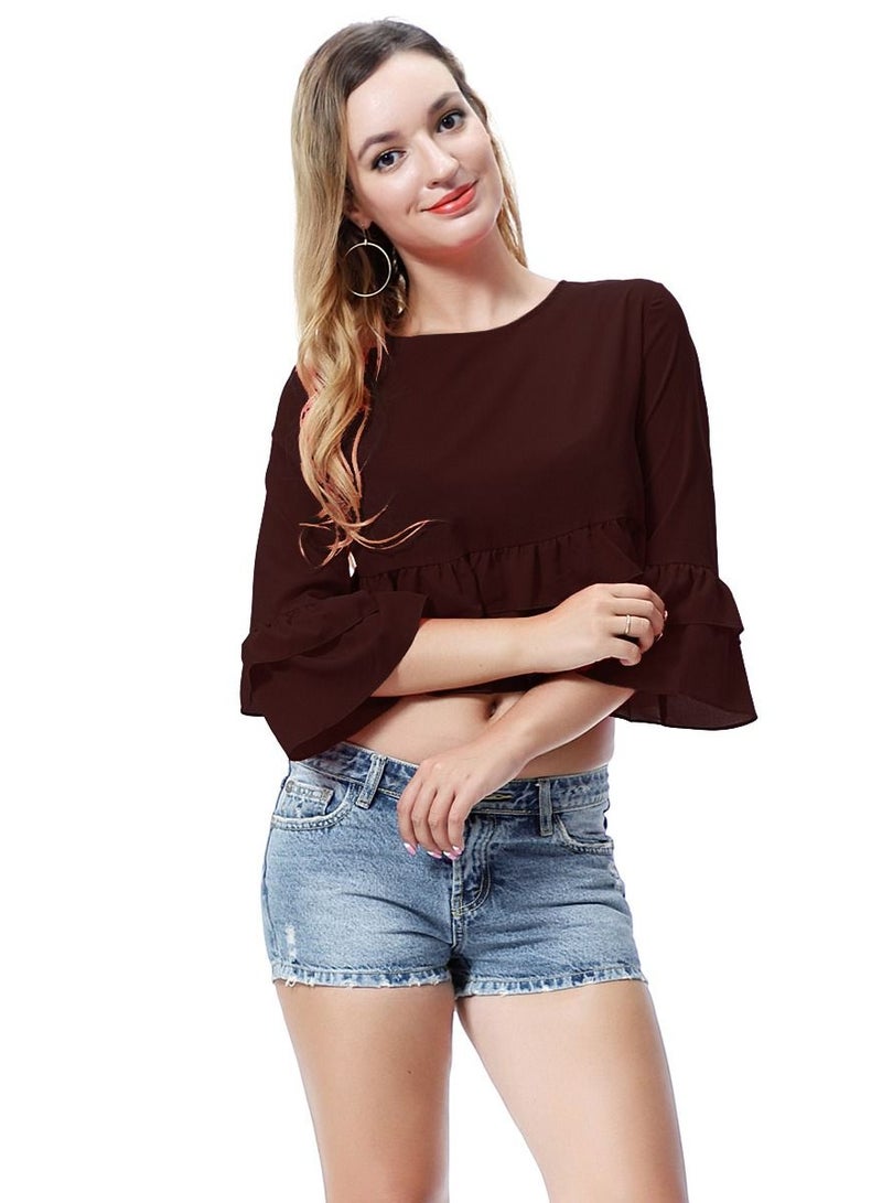 إسكدنيا Women's Solid Color Round Neck Top Loose Ruffled Blouse Dark Brown 
