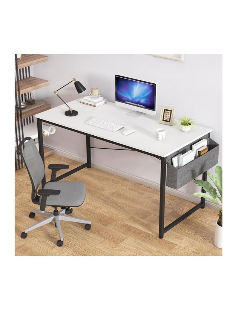 Golden Modern Computer Desk Sturdy Office Desk Simple Writing Desk Study Table with Storage Bag and Hook for Home Office Bedroom Living Room PC Laptop Notebook Table (120 * 60cm, White) - Image 1