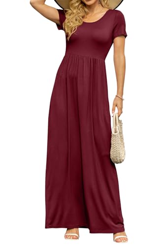 DB MOON Womens 2025 Summer Maxi Dresses Casual Short Sleeve & Pockets Empire Waist Long Dress for Beach Party M, Burgundy - Image 2