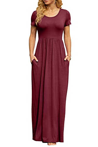 DB MOON Womens 2025 Summer Maxi Dresses Casual Short Sleeve & Pockets Empire Waist Long Dress for Beach Party M, Burgundy - Image 4