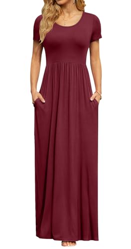 DB MOON Womens 2025 Summer Maxi Dresses Casual Short Sleeve & Pockets Empire Waist Long Dress for Beach Party M, Burgundy - Image 1