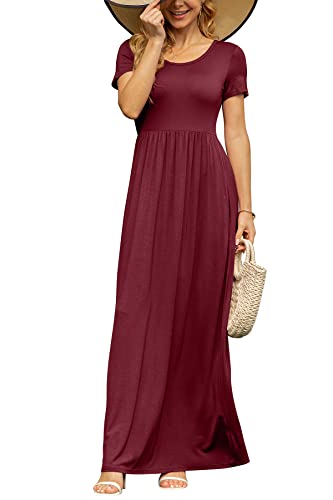 DB MOON Womens 2025 Summer Maxi Dresses Casual Short Sleeve & Pockets Empire Waist Long Dress for Beach Party M, Burgundy - Image 3
