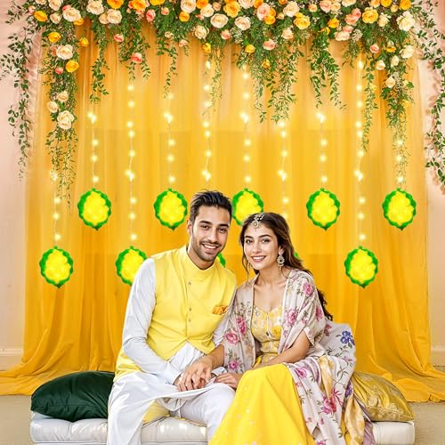 Party Propz Yellow Backdrop for Decorations with Ganpati Curtain Lights, Haldi Decoration Items for Home Decor, Backdrop Cloth for Decoration Pooja, Wedding Decor (3Pcs)(Net) - Image 5