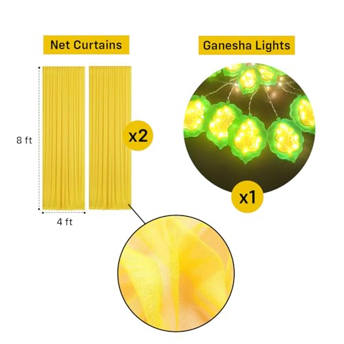 Party Propz Yellow Backdrop for Decorations with Ganpati Curtain Lights, Haldi Decoration Items for Home Decor, Backdrop Cloth for Decoration Pooja, Wedding Decor (3Pcs)(Net) - Image 2