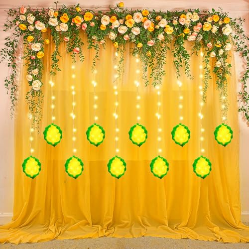 Party Propz Yellow Backdrop for Decorations with Ganpati Curtain Lights, Haldi Decoration Items for Home Decor, Backdrop Cloth for Decoration Pooja, Wedding Decor (3Pcs)(Net) - Image 1