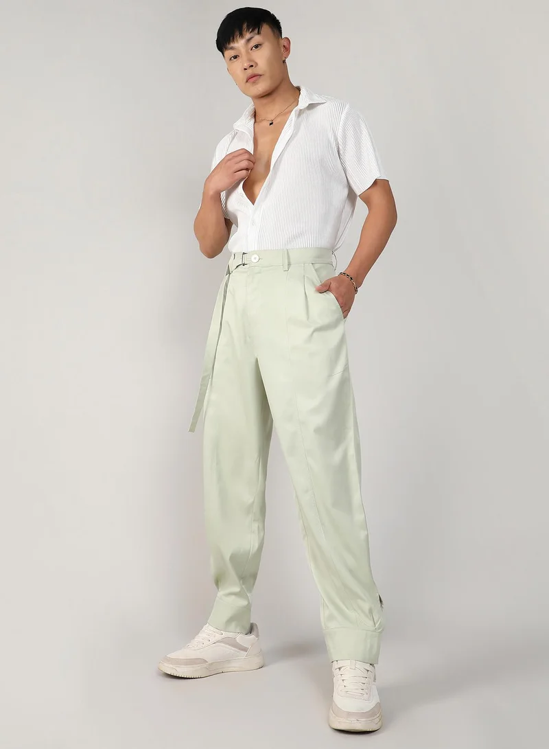 Campus Sutra Men's Pale Green Satin Tapered Trousers
