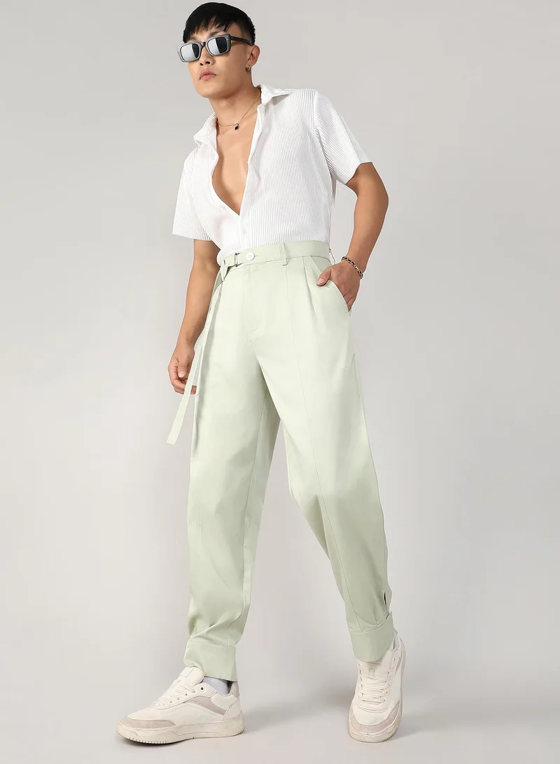 Campus Sutra Men's Pale Green Satin Tapered Trousers