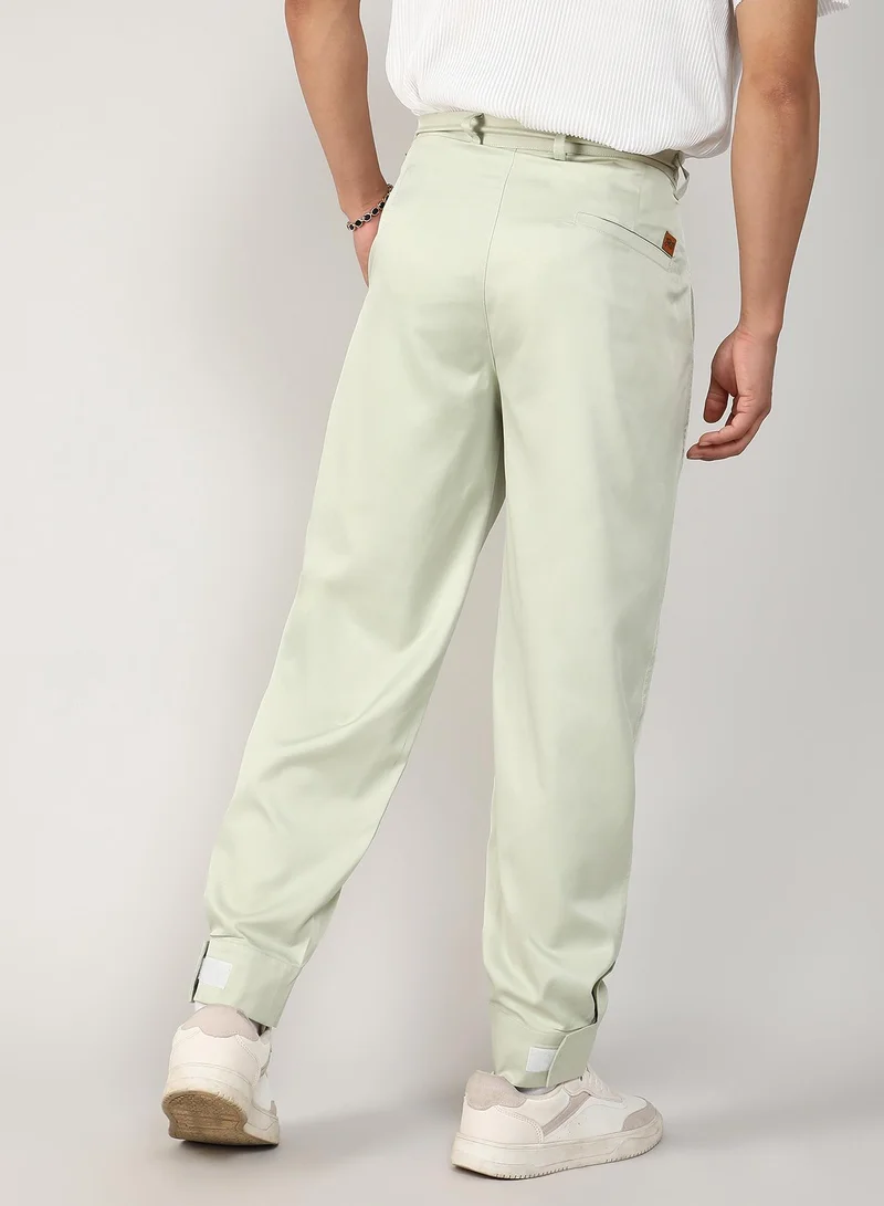 Campus Sutra Men's Pale Green Satin Tapered Trousers