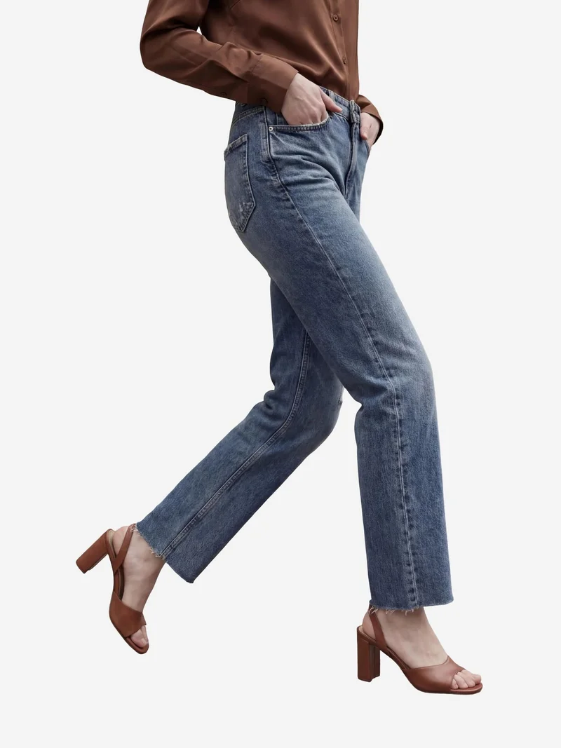 MY FASHION Midnight Blue MY FASHION High Waist Ankle Length Straight Leg Denim Pants for Women | Best Price UAE
