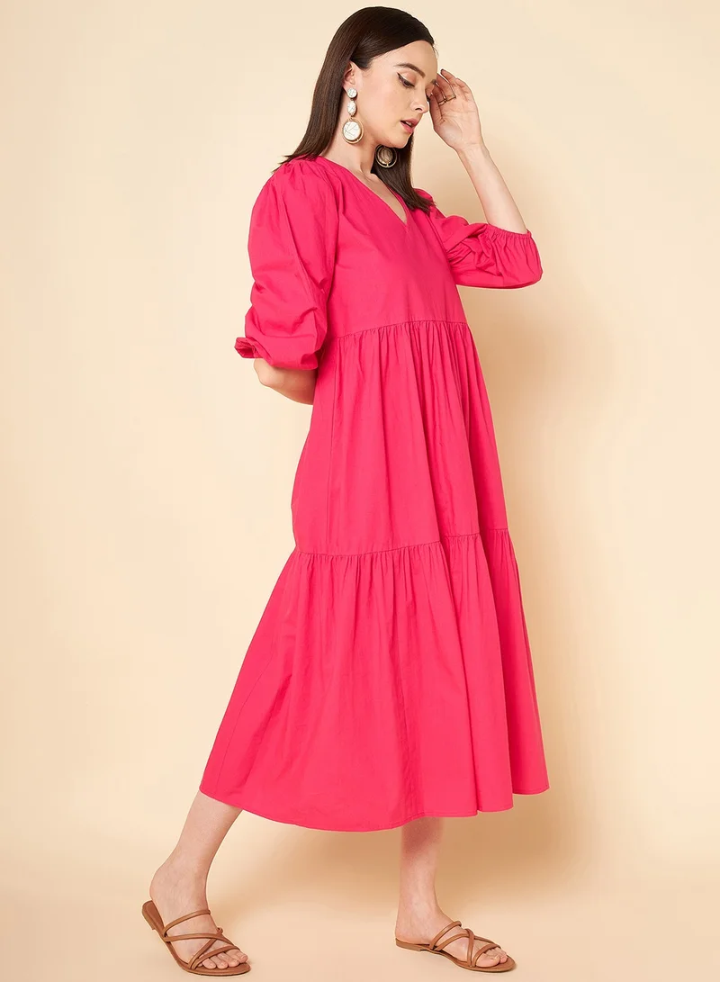 HIGH STAR bright pink Tiered Midi Dress for Women | Best Price UAE
